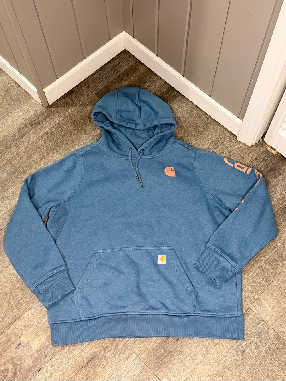 Carhartt Women’s Blue Hoodie with Peach Accent Logo Size XL